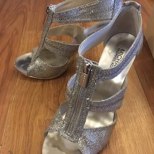 Michael Kors Silver Glitter Berkley T Strap Heels